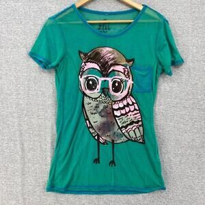Well Worn Shirt Womens Small Green Tee Short Sleeve Owl Pocket Los Angeles